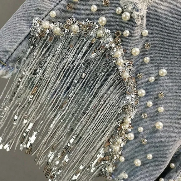 Studded Sequin Tassel Distressed Fringe Embellished Denim Shorts